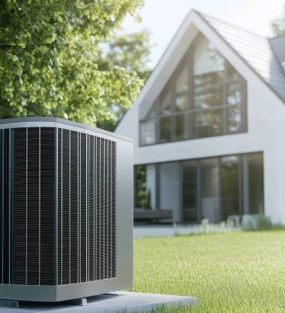Air conditioning unit outside modern house with green lawn, residential cooling system installation, energy efficiency, home comfort, HVAC technology.